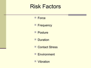 Risk Factors
  Force

  Frequency

  Posture

  Duration

  Contact Stress

  Environment

  Vibration
 