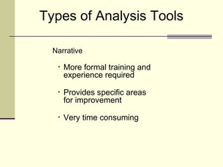 Types of Analysis Tools

  Narrative

   •   More formal training and
       experience required

   •   Provides specific areas
       for improvement

   •   Very time consuming
 