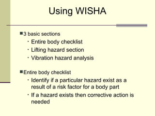 Using WISHA

 3 basic sections
   •   Entire body checklist
   •   Lifting hazard section
   •   Vibration hazard analysis

 Entire body checklist
   •   Identify if a particular hazard exist as a
       result of a risk factor for a body part
   •   If a hazard exists then corrective action is
       needed
 
