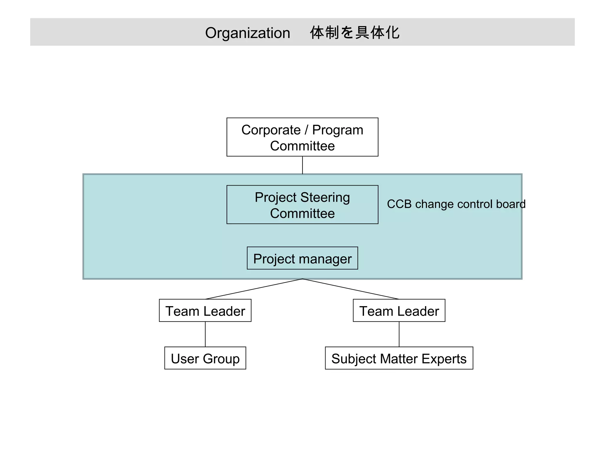 Organization 　体制を具体化

Corporate / Program
Committee

Project Steering
Committee

CCB change control board

Project manager

Team Leader

Team Leader

User Group

Subject Matter Experts

 