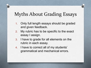 Myths About Grading Essays
1. Only full length essays should be graded
and given feedback.
2. My rubric has to be specific to the exact
essay I assign.
3. I have to grade for all elements on the
rubric in each essay.
4. I have to correct all of my students’
grammatical and mechanical errors.
 