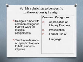 #2: My rubric has to be specific
to the exact essay I assign.
O Design a rubric with
common categories
that will work for
multiple
assignments
O Teach mini-lessons
on specific features
to help students
improve
Common Categories
C. Appreciation of
Literary Features
D. Presentation
E. Formal Use of
Language
 