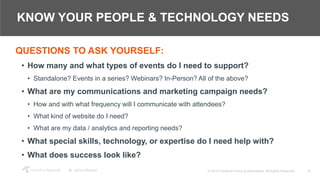 10© 2018 Crawford Group & Attendease. All Rights Reserved.
KNOW YOUR PEOPLE & TECHNOLOGY NEEDS
QUESTIONS TO ASK YOURSELF:
• How many and what types of events do I need to support?
• Standalone? Events in a series? Webinars? In-Person? All of the above?
• What are my communications and marketing campaign needs?
• How and with what frequency will I communicate with attendees?
• What kind of website do I need?
• What are my data / analytics and reporting needs?
• What special skills, technology, or expertise do I need help with?
• What does success look like?
 