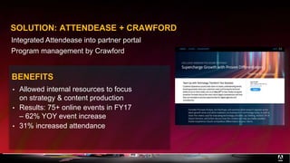 Integrated Attendease into partner portal
Program management by Crawford
SOLUTION: ATTENDEASE + CRAWFORD
• Allowed internal resources to focus
on strategy & content production
• Results: 75+ online events in FY17
– 62% YOY event increase
• 31% increased attendance
BENEFITS
 