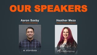 OUR SPEAKERS
Heather Meza
Director of Marketing & Services
Aaron Saxby
VP of Sales & Marketing
 