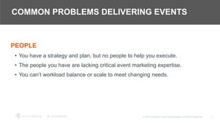 7© 2018 Crawford Group & Attendease. All Rights Reserved.
COMMON PROBLEMS DELIVERING EVENTS
PEOPLE
• You have a strategy and plan, but no people to help you execute.
• The people you have are lacking critical event marketing expertise.
• You can’t workload balance or scale to meet changing needs.
 