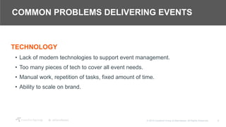 8© 2018 Crawford Group & Attendease. All Rights Reserved.
COMMON PROBLEMS DELIVERING EVENTS
TECHNOLOGY
• Lack of modern technologies to support event management.
• Too many pieces of tech to cover all event needs.
• Manual work, repetition of tasks, fixed amount of time.
• Ability to scale on brand.
 