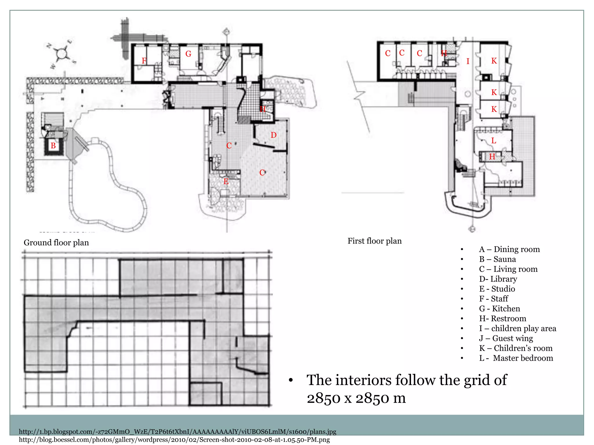 http://1.bp.blogspot.com/-z72GMmO_WzE/T2P6t6tXbnI/AAAAAAAAAlY/viUBOS6LmlM/s1600/plans.jpg
http://blog.boessel.com/photos/gallery/wordpress/2010/02/Screen-shot-2010-02-08-at-1.05.50-PM.png
Ground floor plan First floor plan
• The interiors follow the grid of
2850 x 2850 m
• A – Dining room
• B – Sauna
• C – Living room
• D- Library
• E - Studio
• F - Staff
• G - Kitchen
• H- Restroom
• I – children play area
• J – Guest wing
• K – Children’s room
• L - Master bedroom
C C HC
I K
K
H
K
L
B
F
G
C
C
E
H
D
 