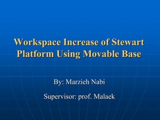 Workspace Increase of Stewart
Platform Using Movable Base

         By: Marzieh Nabi

      Supervisor: prof. Malaek
 