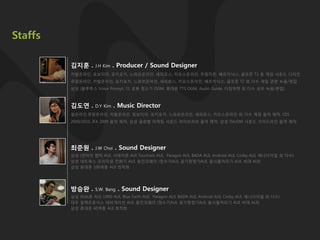 Staffs

         김지훈 .      J.H Kim   . Producer / Sound Designer
         카발온라인, 로보티어, 포키포키, 느와르온라인, 세피로스, 카오스온라인, 무림지졲, 베르카닉스, 골프졲 T2 등 게임 사운드 디자인
         큐링온라인, 카발온라인, 포키포키, 느와르온라인, 세피로스, 카오스온라인, 베르카닉스, 골프졲 T2 외 다수 게임 관련 녹음/편집
         삼성 (블루투스 Voice Prompt, S1 로봇 청소기 OGM, 휴대폰 TTS OGM, Audio Guide, 다짐위젯 외 다수 성우 녹음/편집)



         김도연 .      D.Y Kim    . Music Director
         씰온라인,큐링온라인, 카발온라인, 로보티어, 포키포키, 느와르온라인, 세피로스, 카오스온라인 외 다수 게임 음악 제작, CES
         2009/2010, IFA 2009 음악 제작, 삼성 글로벌 마케팅 사운드 라이브러리 음악 제작, 삼성 DA/DM 사운드 가이드라인 음악 제작




         최준원 .      J.W Choi   . Sound Designer
         삼성 (연아의 햅틱 AUI, 서태지폰 AUI Touchwiz AUI, Paragon AUI, BADA AUI, Android AUI, Corby AUI, 애니다이얼 외 다수)
         삼성 네트웍스 프리미엄 전화기 AUI, 웅짂코웨이 (정수기AUI, 공기청정기AUI, 음식물처리기 AUI, 비데 AUI)
         삼성 휴대폰 100여종 AUI 최적화




         방승완 .      S.W. Bang   . Sound Designer
         삼성 (Kids폰 AUI, U900 AUI, Blue Earth AUI, Paragon AUI, BADA AUI, Android AUI, Corby AUI, 애니다이얼 외 다수)
         대우 일렉트로닉스 네비게이션 AUI, 웅짂코웨이 (정수기AUI, 공기청정기AUI, 음식물처리기 AUI, 비데 AUI)
         삼성 휴대폰 60여종 AUI 최적화
 