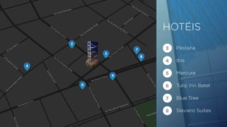 HOTÉIS 
3 Pestana 
4 Ibis 
5 Mercure 
6 Tulip Inn Batel 
7 Blue Tree 
8 Slaviero Suites 
 