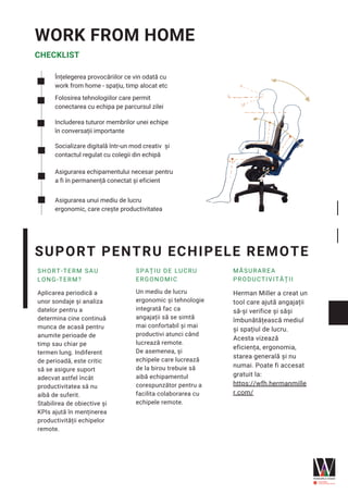 WORK FROM HOME
SHORT-TERM SAU
LONG-TERM?
Aplicarea periodică a
unor sondaje și analiza
datelor pentru a
determina cine continuă
munca de acasă pentru
anumite perioade de
timp sau chiar pe
termen lung. Indiferent
de perioadă, este critic
să se asigure suport
adecvat astfel încât
productivitatea să nu
aibă de suferit.
Stabilirea de obiective și
KPIs ajută în menținerea
productivității echipelor
remote.
SPAȚIU DE LUCRU
ERGONOMIC
Un mediu de lucru
ergonomic și tehnologie
integrată fac ca
angajații să se simtă
mai confortabil și mai
productivi atunci când
lucrează remote.
De asemenea, și
echipele care lucrează
de la birou trebuie să
aibă echipamentul
corespunzător pentru a
facilita colaborarea cu
echipele remote.
MĂSURAREA
PRODUCTIVITĂȚII
SUPORT PENTRU ECHIPELE REMOTE
CHECKLIST
Înțelegerea provocăriilor ce vin odată cu
work from home - spațiu, timp alocat etc
Folosirea tehnologiilor care permit
conectarea cu echipa pe parcursul zilei
Includerea tuturor membrilor unei echipe
în conversații importante
Socializare digitală într-un mod creativ și
contactul regulat cu colegii din echipă
Asigurarea echipamentului necesar pentru
a fi în permanență conectat și eficient
Asigurarea unui mediu de lucru
ergonomic, care crește productivitatea
Herman Miller a creat un
tool care ajută angajații
să-și verifice și săși
îmbunătățească mediul
și spațiul de lucru.
Acesta vizează
eficiența, ergonomia,
starea generală și nu
numai. Poate fi accesat
gratuit la:
https://wfh.hermanmille
r.com/
 