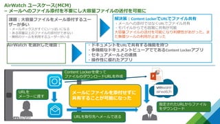 AirWatch ユースケース(MCM)
– メールへのファイル添付を不要にし⼤容量ファイルの送付を可能に
課題：⼤容量ファイルをメール添付するユー
ザーが多い
・メールボックスがすぐにいっぱいになる
・ある容量以上のファイルの添付ができない
・無料のツールを利⽤するユーザーがいる
解決策：Content	LockerでURLでファイル共有
・メールへの添付ではなくURLでファイル共有
・モバイルからでも容易に共有が可能
⼤容量ファイルの送付を可能になり利便性があがった。ま
た無償ツールの利⽤が⽌まった
AirWatch を選択した理由：
Content Lockerを使って
ファイルのダウンロードURLを作成
URLを
メーラーに渡す
URLを取引先へメールで送る
指定されたURLからファイル
をダウンロード
・ドキュメントをURLで共有する機能を持つ
・多機能なドキュメントビューアでであるContent	Lockerアプリ
・セキュアメールとの連携
・操作性に優れたアプリ
メールにファイルを添付せずに
共有することが可能になった
 