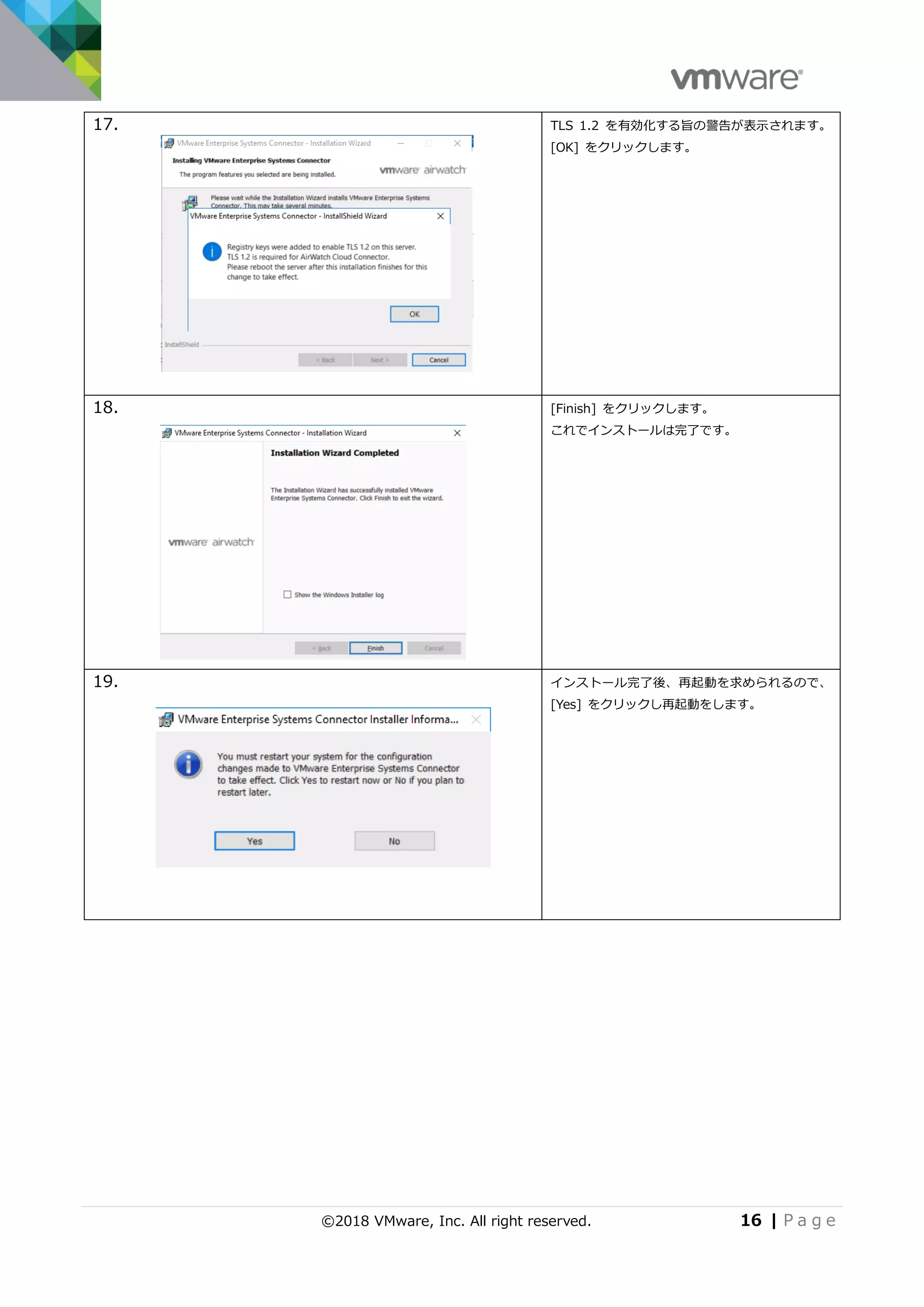 ©2018 VMware, Inc. All right reserved. 16 | P a g e
17. TLS 1.2 を有効化する旨の警告が表示されます。
[OK] をクリックします。
18. [Finish] をクリックします。
これでインストールは完了です。
19. インストール完了後、再起動を求められるので、
[Yes] をクリックし再起動をします。
 