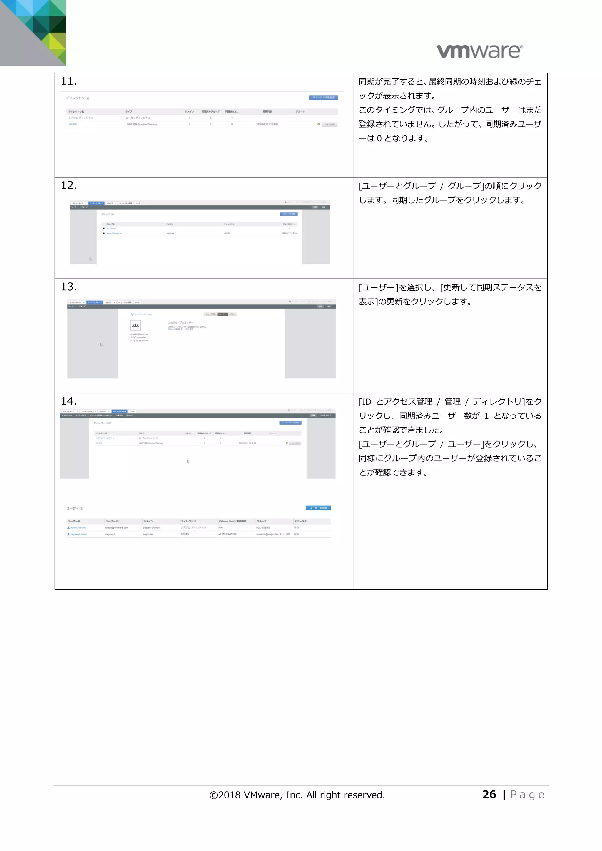 ©2018 VMware, Inc. All right reserved. 26 | P a g e
11. 同期が完了すると、最終同期の時刻および緑のチェ
ックが表示されます。
このタイミングでは、グループ内のユーザーはまだ
登録されていません。したがって、同期済みユーザ
ーは 0 となります。
12. [ユーザーとグループ / グループ]の順にクリック
します。同期したグループをクリックします。
13. [ユーザー]を選択し、[更新して同期ステータスを
表示]の更新をクリックします。
14. [ID とアクセス管理 / 管理 / ディレクトリ]をク
リックし、同期済みユーザー数が 1 となっている
ことが確認できました。
[ユーザーとグループ / ユーザー]をクリックし、
同様にグループ内のユーザーが登録されているこ
とが確認できます。
 
