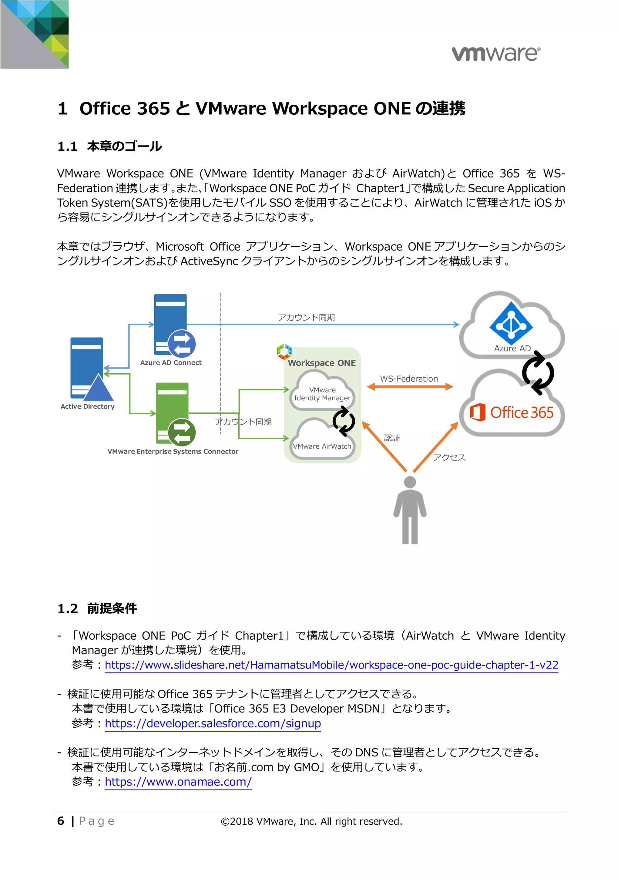 6 | P a g e ©2018 VMware, Inc. All right reserved.
1 Office 365 と VMware Workspace ONE の連携
1.1 本章のゴール
VMware Workspace ONE (VMware Identity Manager および AirWatch)と Office 365 を WS-
Federation 連携します。また、「Workspace ONE PoC ガイド Chapter1」で構成した Secure Application
Token System(SATS)を使⽤したモバイル SSO を使⽤することにより、AirWatch に管理された iOS か
ら容易にシングルサインオンできるようになります。
本章ではブラウザ、Microsoft Office アプリケーション、Workspace ONE アプリケーションからのシ
ングルサインオンおよび ActiveSync クライアントからのシングルサインオンを構成します。
1.2 前提条件
- 「Workspace ONE PoC ガイド Chapter1」で構成している環境（AirWatch と VMware Identity
Manager が連携した環境）を使⽤。
参考：https://www.slideshare.net/HamamatsuMobile/workspace-one-poc-guide-chapter-1-v22
- 検証に使⽤可能な Office 365 テナントに管理者としてアクセスできる。
本書で使⽤している環境は「Office 365 E3 Developer MSDN」となります。
参考：https://developer.salesforce.com/signup
- 検証に使⽤可能なインターネットドメインを取得し、その DNS に管理者としてアクセスできる。
本書で使⽤している環境は「お名前.com by GMO」を使⽤しています。
参考：https://www.onamae.com/
-
 