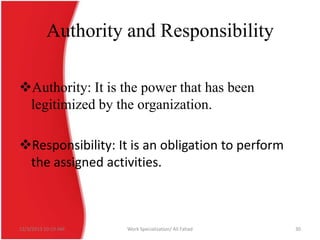 Authority and Responsibility
Authority: It is the power that has been
legitimized by the organization.
Responsibility: It is an obligation to perform
the assigned activities.

12/3/2013 10:19 AM

Work Specialization/ Ali Fahad

30

 