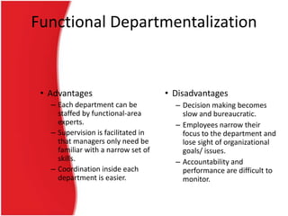 Functional Departmentalization

• Advantages
– Each department can be
staffed by functional-area
experts.
– Supervision is facilitated in
that managers only need be
familiar with a narrow set of
skills.
– Coordination inside each
department is easier.

• Disadvantages
– Decision making becomes
slow and bureaucratic.
– Employees narrow their
focus to the department and
lose sight of organizational
goals/ issues.
– Accountability and
performance are difficult to
monitor.

 