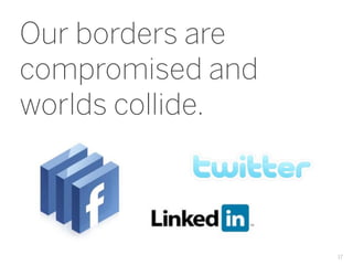 Our borders are
 Always connected.
compromised and
worlds collide.is the Don
 Then there
 Draper eﬀect.


                        17
 