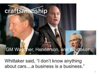 craftsmanship




GM Wagoner, Henderson, and Whittaker

Whittaker said, “I don’t know anything
about cars....a business is a business.”
                                           45
 