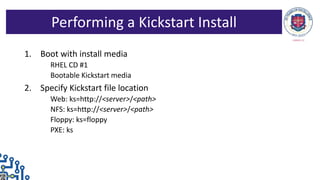 1. Boot with install media
RHEL CD #1
Bootable Kickstart media
2. Specify Kickstart file location
Web: ks=http://<server>/<path>
NFS: ks=http://<server>/<path>
Floppy: ks=floppy
PXE: ks
Performing a Kickstart Install
 
