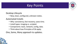 Desktop Lifecycle
• New, clean, configured, unknown states.
Automated Installs
• Why: consistency, fast recovery, saves time.
• Install types: imaging vs. scripted.
• Components: boot, network, config, data.
• Think about how Principles of SA apply.
One, Some, Many approach to updates.
Key Points
 