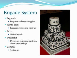 Brigade System
 Legumier
    Prepares and cooks veggies
 Pastry cook
    Prepares sweets and pastries
 Baker
    Makes breads
 Decorator
    Decorates cakes and pastries,
     chocolate carvings
 Commis
    Assistants
 