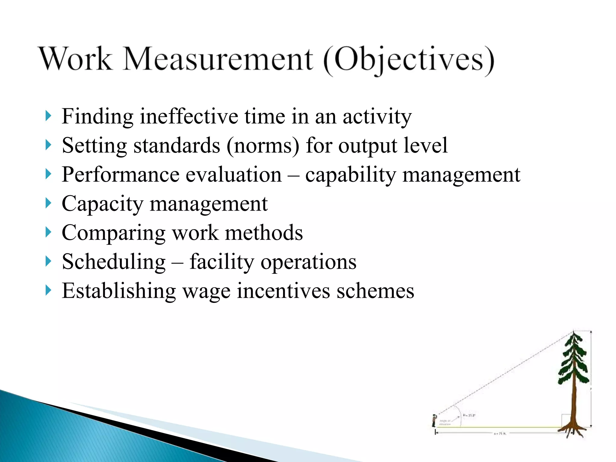 Finding ineffective time in an activity Setting standards (norms) for output level Performance evaluation – capability management Capacity management  Comparing work methods Scheduling – facility operations Establishing wage incentives schemes 