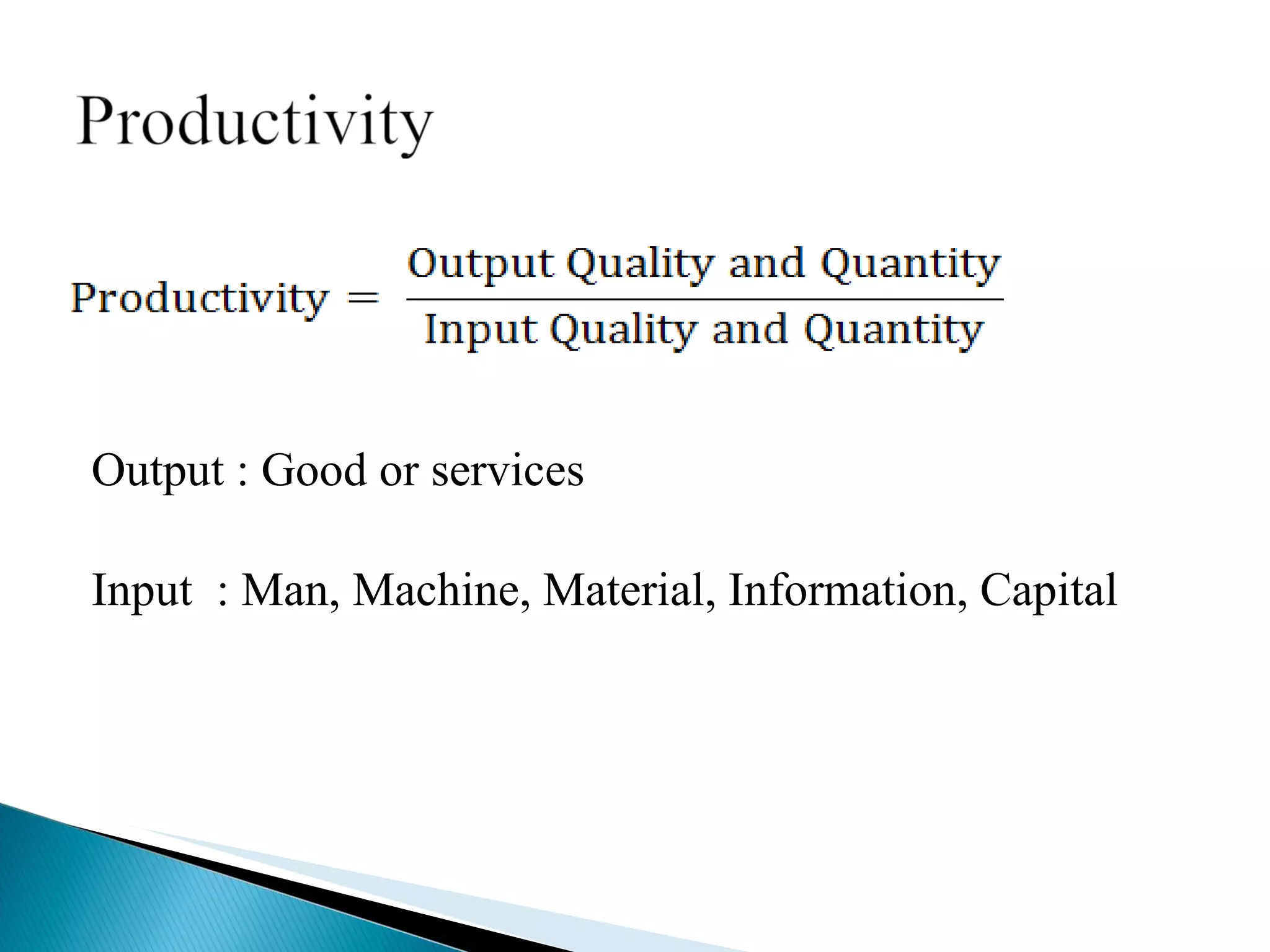 Output : Good or services Input  : Man, Machine, Material, Information, Capital 