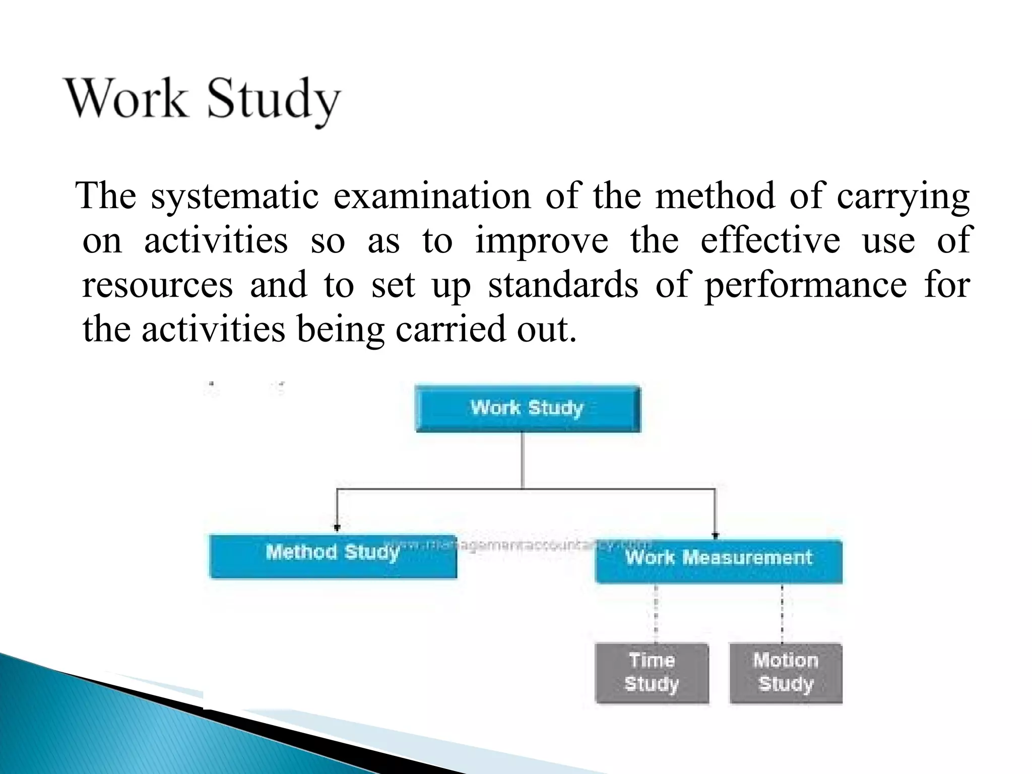 The systematic examination of the method of carrying on activities so as to improve the effective use of resources and to set up standards of performance for the activities being carried out. 