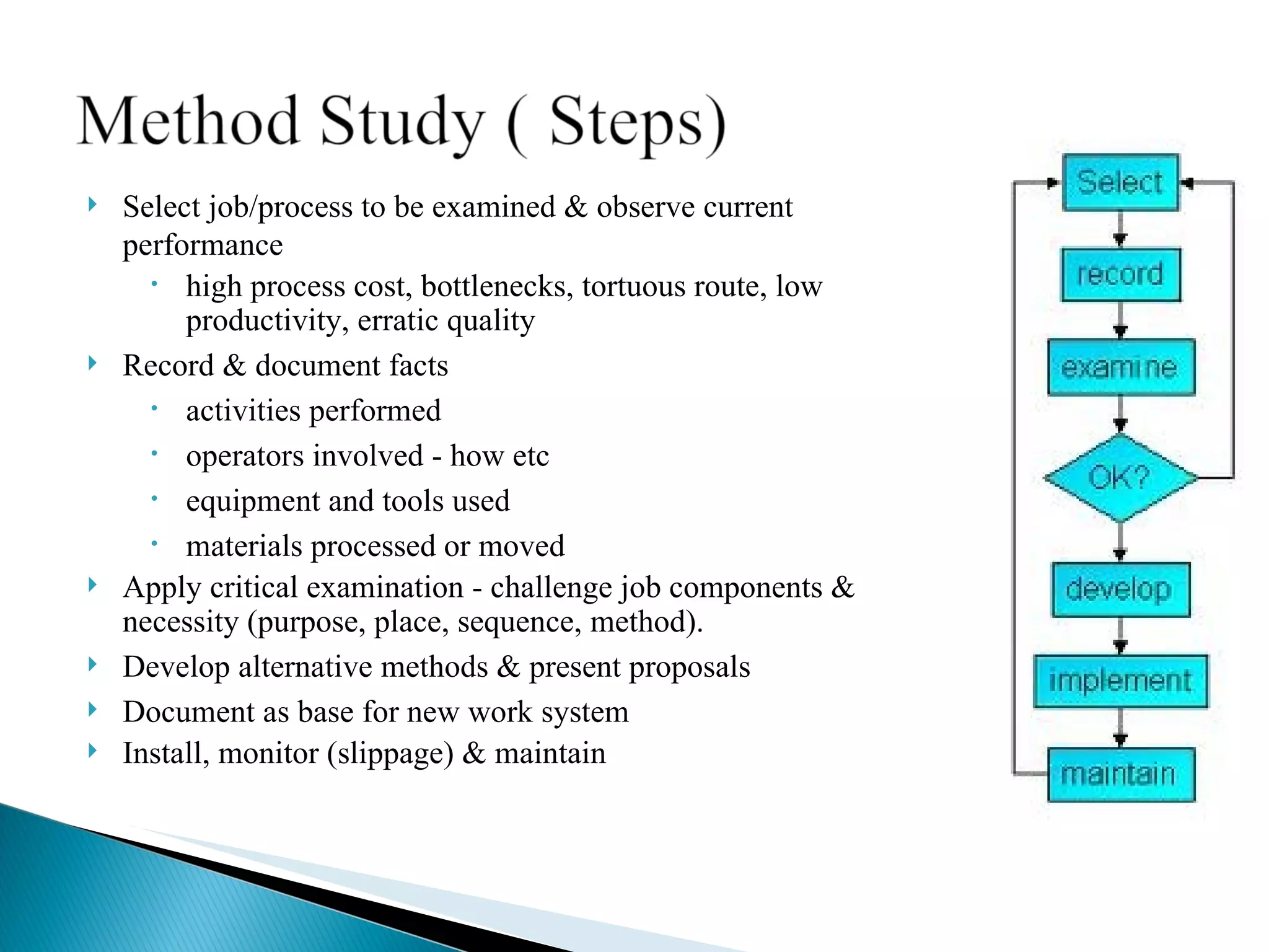 Select job/process to be examined & observe current performance  high process cost, bottlenecks, tortuous route, low productivity, erratic quality Record & document facts activities performed operators involved - how etc equipment and tools used materials processed or moved Apply critical examination  - challenge job components & necessity (purpose, place, sequence, method). Develop alternative methods &  present proposals Document as base for new work system Install, monitor (slippage) & maintain 