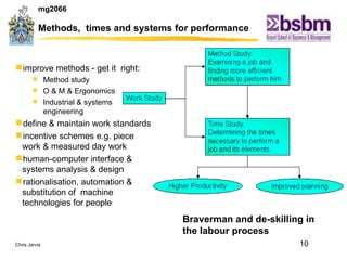 Methods,  times and systems for performance improve methods - get it  right: Method study O & M & Ergonomics Industrial & systems engineering define & maintain work standards incentive schemes e.g. piece work & measured day work human-computer interface &  systems analysis & design rationalisation, automation & substitution of  machine technologies for people Braverman and de-skilling in the labour process 