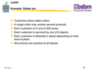 Example: Dabbs plc Customers place sales orders A single order may contain several products Each customer is in one of 500 areas Each customer is serviced by one of 6 depots Each customer is allocated a depot depending on their area location All products are stocked at all depots 