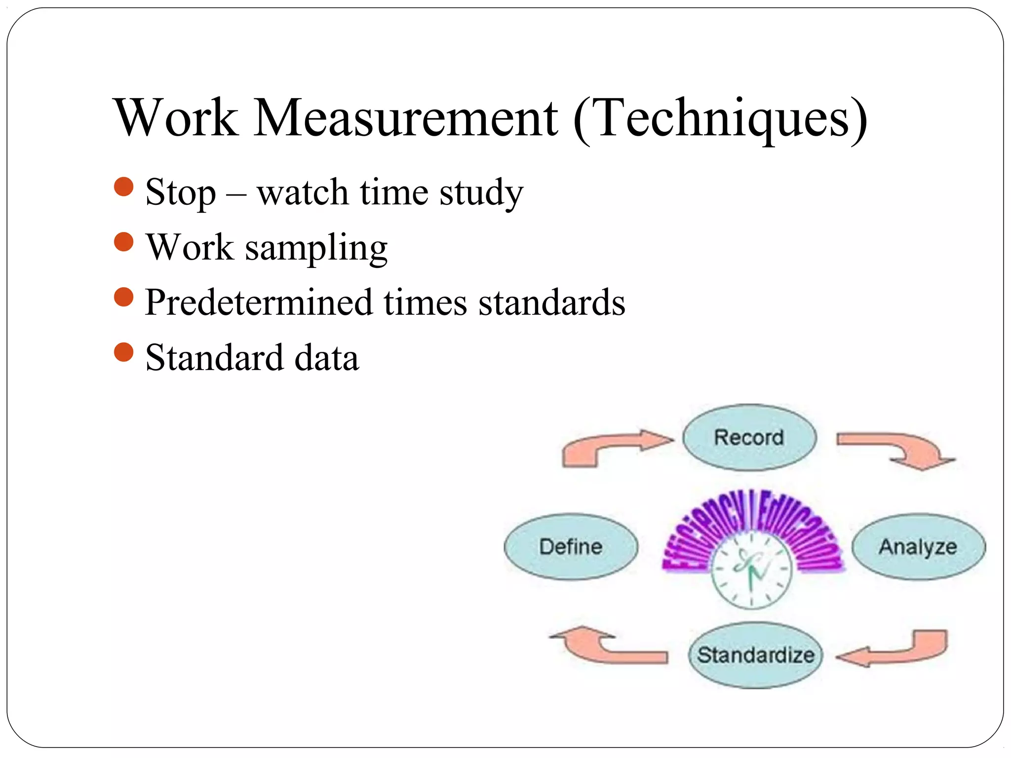 Work Measurement (Techniques)
Stop – watch time study
Work sampling
Predetermined times standards
Standard data
 