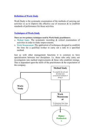 Definition of Work Study
Work-Study is the systematic examination of the methods of carrying out
activities so as to improve the effective use of resources & to establish
standards of performance for those activities.
Techniques of Work-Study
There are two primary techniques used by Work-Study practitioners:
a) Method Study: The systematic recording & critical examination of
activities in order to make improvements.
b) Work Measurement: The application of techniques designed to establish
the time for a qualified worker to carry out a task to a specified
method.
Just as with other management functions it is common to have
specialization between two disciplines. I.e. those who only carry out
investigation into method improvements & those who establish timings.
This is dependent upon the skills of the practitioners & the expectation of
the company.
Work-
Study
Method Study
To simplify the job and
develop more
economical methods of
doing it
Work
Measureme
nt
To determine how long
it should take to carry
Higher
Productivit
y
 