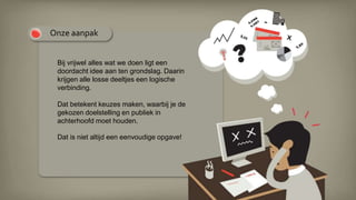 Bij vrijwel alles wat we doen ligt een
doordacht idee aan ten grondslag. Daarin
krijgen alle losse deeltjes een logische
verbinding.
Dat betekent keuzes maken, waarbij je de
gekozen doelstelling en publiek in
achterhoofd moet houden.
Dat is niet altijd een eenvoudige opgave!
Onze aanpak
 