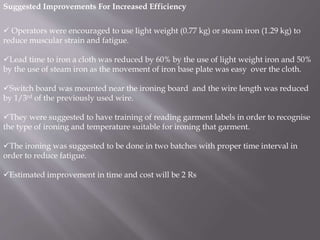 Suggested Improvements For Increased Efficiency 
 Operators were encouraged to use light weight (0.77 kg) or steam iron (1.29 kg) to 
reduce muscular strain and fatigue. 
Lead time to iron a cloth was reduced by 60% by the use of light weight iron and 50% 
by the use of steam iron as the movement of iron base plate was easy over the cloth. 
Switch board was mounted near the ironing board and the wire length was reduced 
by 1/3rd of the previously used wire. 
They were suggested to have training of reading garment labels in order to recognise 
the type of ironing and temperature suitable for ironing that garment. 
The ironing was suggested to be done in two batches with proper time interval in 
order to reduce fatigue. 
Estimated improvement in time and cost will be 2 Rs 
 