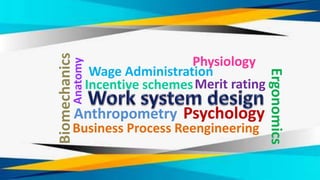 Anatomy
Physiology
Psychology
Ergonomics
Anthropometry
Biomechanics
Merit rating
Incentive schemes
Wage Administration
Business Process Reengineering
 