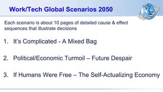Work/Tech Global Scenarios 2050
1. It’s Complicated - A Mixed Bag
2. Political/Economic Turmoil – Future Despair
3. If Humans Were Free – The Self-Actualizing Economy
Each scenario is about 10 pages of detailed cause & effect
sequences that illustrate decisions
 