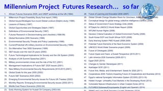 Millennium Project Futures Research… so far
1. African Futures Scenarios 2025, and UNDP workshop at the UN (1994)
2. Millennium Project Feasibility Study final report (1995)
3. Global Issues/Strategies four-round Global Lookout (Delphi) study (1996)
4. Lessons of History (1997)
5. Global Opportunities and Strategies Delphi (1997)
6. Definitions of Environmental Security (1997)
7. Futures Research in Decisionmaking (and checklist) (1998-99)
8. Global Normative 2050 Scenario (1998)
9. Environmental Security Threats and Policy Leadership (1998)
10. Current/Potential UN military doctrine on Environmental Security (1999)
11. Six Alternative Year 3000 Scenarios (1999)
12. S&T Issues over the next 25 years (2000)
13. Future Technological Implications for Society and the UN System (2000)
14. Analysis of UN Summit Speeches (2001)
15. Military environmental crimes and the role of the ICC (2001)
16. Management Implications of Future S&T 2025 Issues (2001)
17. New Military Environmental Security Requirements 2010-2015 (2001)
18. Global Goals for the year 2050 (2002)
19. Future S&T Scenarios 2025 (2002)
20. Emerging Environmental Security Issues for Future UN Treaties (2002)
21. Monthly Reports: Emerging Environmental Security Issues (2002-2011)
22. Middle East Peace Scenarios (2002-04)
23. Early Warning System for Kuwait Oil Company (2003-04)
28. Future of Learning and Education 2030 (2007)
29. Global Climate Change Situation Room for Gimcheon, South Korea (2007-2008)
30. Conceptual design for global energy collective intelligence (GENIS) (2008)
31. Status of Government Future Strategy Units (2008)
32. RTDelphi for UNESCO World Water Report (2008)
33. WFUNA Human Rights (2008)
34. Decision Criteria Evaluation of Global Environment Facility (2008)
35. South Korea SOFI and South African SOFI (2008)
36. Early Warning System PMO Kuwait (2008-2009)
37. Potential Future Elements of the Next Economic System (2009)
38. UNESCO World Water Scenarios project (2009)
39. Future of Ontologists (2009)
40. Future Hopes and Fears: a Kuwait Perspective (2010-2011)
41. Latin America 2030 Scenarios (2009-2011)
42. Egypt 2020 (2010)
43. Changes to Gender Stereotypes (2011)
44. Azerbaijan SOFI (2011)
45. Future Arts, Media, and Entertainment: Seeds for 2020 (2011)
46. Cooperatives 2030: Factors Impacting Future of Cooperatives and Business (2012)
47. Egypt’s national Synergetic Information System (ECISIS) (2013-16)
48. Hidden Hunger: Unhealthy Food Markets in the Developing World (2013)
49. Vulnerable Natural Infrastructure in Urban Coastal Zones (2013)
50. FUTURES Dictionary/Encyclopedia (English and Spanish) (2014)
 