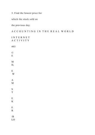 3. Find the lowest price for
which the stock sold on
the previous day.
A C C O U N T I N G I N T H E R E A L W O R L D
I N T E R N E T
A C T I V I T Y
403
©
E
M
IL
E
W
A
M
S
T
E
K
E
R
/B
LO
 