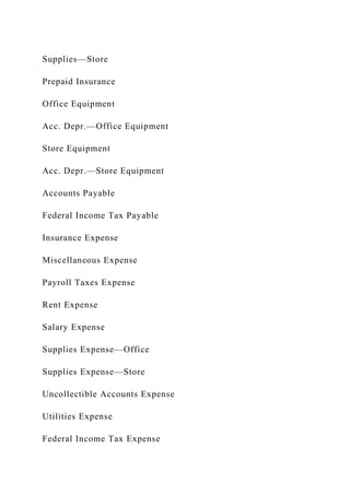 Supplies—Store
Prepaid Insurance
Office Equipment
Acc. Depr.—Office Equipment
Store Equipment
Acc. Depr.—Store Equipment
Accounts Payable
Federal Income Tax Payable
Insurance Expense
Miscellaneous Expense
Payroll Taxes Expense
Rent Expense
Salary Expense
Supplies Expense—Office
Supplies Expense—Store
Uncollectible Accounts Expense
Utilities Expense
Federal Income Tax Expense
 