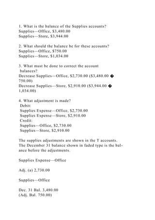 1. What is the balance of the Supplies accounts?
Supplies—Office, $3,480.00
Supplies—Store, $3,944.00
2. What should the balance be for these accounts?
Supplies—Office, $750.00
Supplies—Store, $1,034.00
3. What must be done to correct the account
balances?
Decrease Supplies—Office, $2,730.00 ($3,480.00 �
750.00)
Decrease Supplies—Store, $2,910.00 ($3,944.00 �
1,034.00)
4. What adjustment is made?
Debit:
Supplies Expense—Office, $2,730.00
Supplies Expense—Store, $2,910.00
Credit:
Supplies—Office, $2,730.00
Supplies—Store, $2,910.00
The supplies adjustments are shown in the T accounts.
The December 31 balance shown in faded type is the bal-
ance before the adjustments.
Supplies Expense—Office
Adj. (a) 2,730.00
Supplies—Office
Dec. 31 Bal. 3,480.00
(Adj. Bal. 750.00)
 