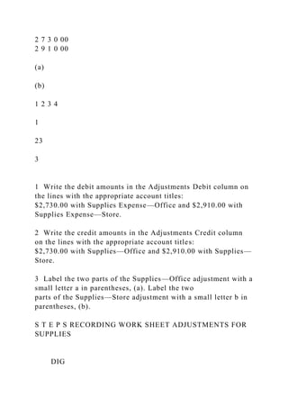 2 7 3 0 00
2 9 1 0 00
(a)
(b)
1 2 3 4
1
23
3
1 Write the debit amounts in the Adjustments Debit column on
the lines with the appropriate account titles:
$2,730.00 with Supplies Expense—Office and $2,910.00 with
Supplies Expense—Store.
2 Write the credit amounts in the Adjustments Credit column
on the lines with the appropriate account titles:
$2,730.00 with Supplies—Office and $2,910.00 with Supplies—
Store.
3 Label the two parts of the Supplies—Office adjustment with a
small letter a in parentheses, (a). Label the two
parts of the Supplies—Store adjustment with a small letter b in
parentheses, (b).
S T E P S RECORDING WORK SHEET ADJUSTMENTS FOR
SUPPLIES
DIG
 