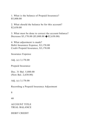 1. What is the balance of Prepaid Insurance?
$5,800.00
2. What should the balance be for this account?
$2,630.00
3. What must be done to correct the account balance?
Decrease $3,170.00 ($5,800.00 � $2,630.00)
4. What adjustment is made?
Debit Insurance Expense, $3,170.00
Credit Prepaid Insurance, $3,170.00
Insurance Expense
Adj. (c) 3,170.00
Prepaid Insurance
Dec. 31 Bal. 5,800.00
(New Bal. 2,630.00)
Adj. (c) 3,170.00
Recording a Prepaid Insurance Adjustment
8
40
ACCOUNT TITLE
TRIAL BALANCE
DEBIT CREDIT
 