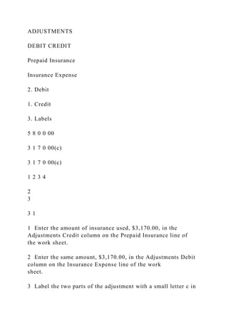 ADJUSTMENTS
DEBIT CREDIT
Prepaid Insurance
Insurance Expense
2. Debit
1. Credit
3. Labels
5 8 0 0 00
3 1 7 0 00(c)
3 1 7 0 00(c)
1 2 3 4
2
3
3 1
1 Enter the amount of insurance used, $3,170.00, in the
Adjustments Credit column on the Prepaid Insurance line of
the work sheet.
2 Enter the same amount, $3,170.00, in the Adjustments Debit
column on the Insurance Expense line of the work
sheet.
3 Label the two parts of the adjustment with a small letter c in
 