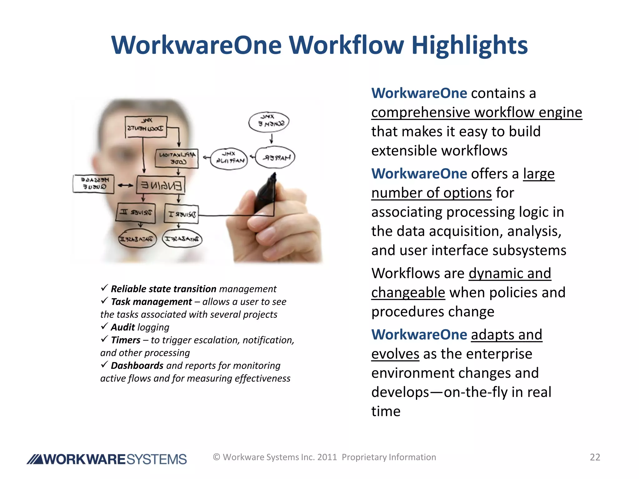 WorkwareOne Workflow Highlights
                                                               WorkwareOne contains a
                                                               comprehensive workflow engine
                                                               that makes it easy to build
                                                               extensible workflows
                                                               WorkwareOne offers a large
                                                               number of options for
                                                               associating processing logic in
                                                               the data acquisition, analysis,
                                                               and user interface subsystems
                                                               Workflows are dynamic and
 Reliable state transition management                         changeable when policies and
 Task management – allows a user to see
the tasks associated with several projects                     procedures change
 Audit logging
 Timers – to trigger escalation, notification,                WorkwareOne adapts and
and other processing                                           evolves as the enterprise
 Dashboards and reports for monitoring
active flows and for measuring effectiveness                   environment changes and
                                                               develops—on-the-fly in real
                                                               time

                           © Workware Systems Inc. 2011 Proprietary Information                  22
 