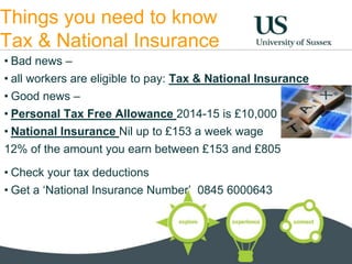 Things you need to know 
Tax & National Insurance 
• Bad news – 
• all workers are eligible to pay: Tax & National Insurance 
• Good news – 
• Personal Tax Free Allowance 2014-15 is £10,000 
• National Insurance Nil up to £153 a week wage 
12% of the amount you earn between £153 and £805 
• Check your tax deductions 
• Get a ‘National Insurance Number’ 0845 6000643 
 