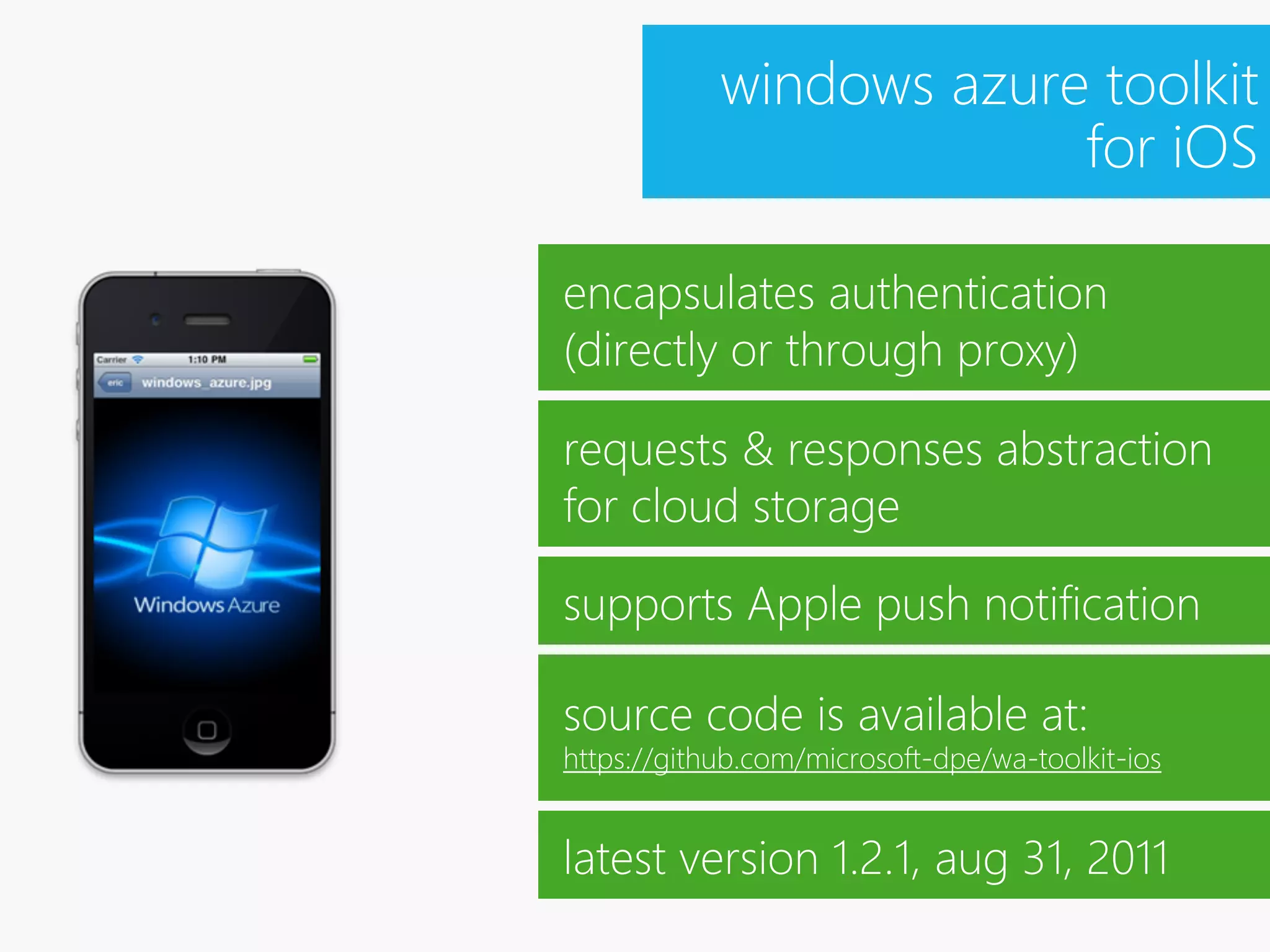 windows azure toolkit
                         for iOS

encapsulates authentication
(directly or through proxy)

requests & responses abstraction
for cloud storage

supports Apple push notification

source code is available at:
https://github.com/microsoft-dpe/wa-toolkit-ios


latest version 1.2.1, aug 31, 2011
 