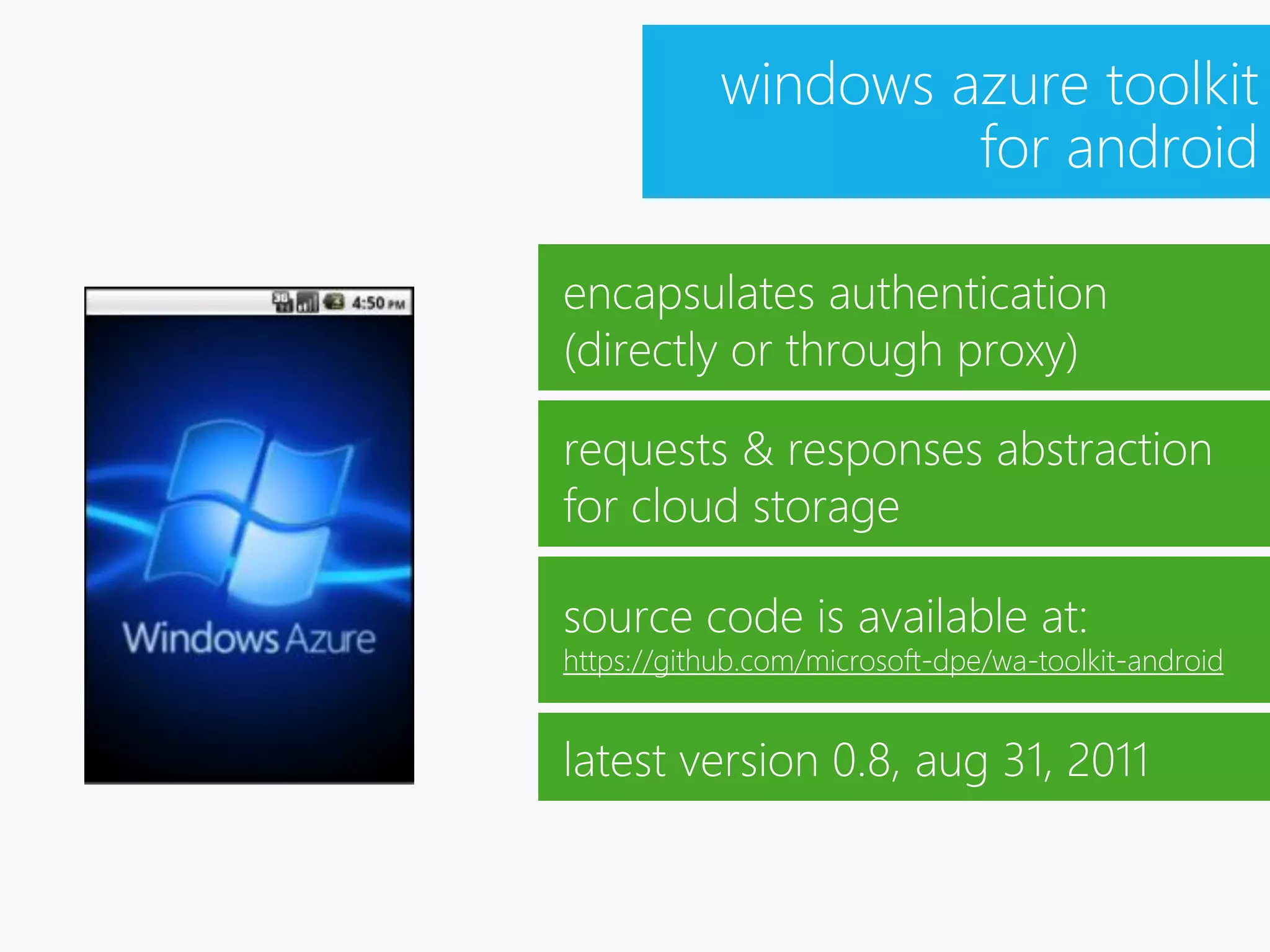 windows azure toolkit
                     for android

encapsulates authentication
(directly or through proxy)

requests & responses abstraction
for cloud storage

source code is available at:
https://github.com/microsoft-dpe/wa-toolkit-android


latest version 0.8, aug 31, 2011
 